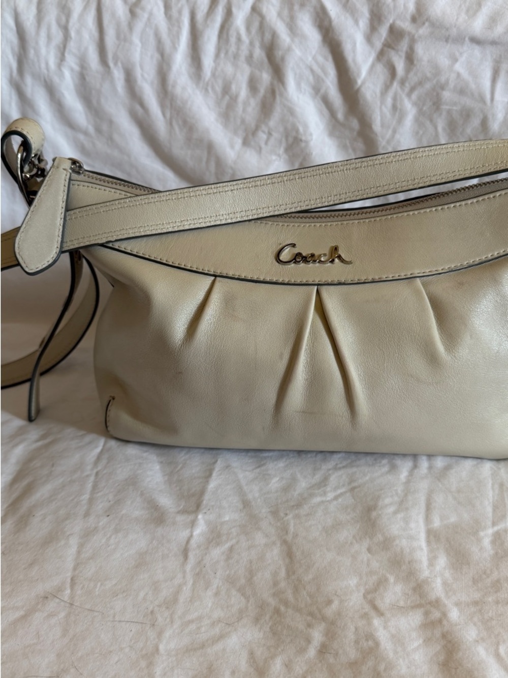 Coach Pale Cream Leather Shoulder Bag with Pleat Detail